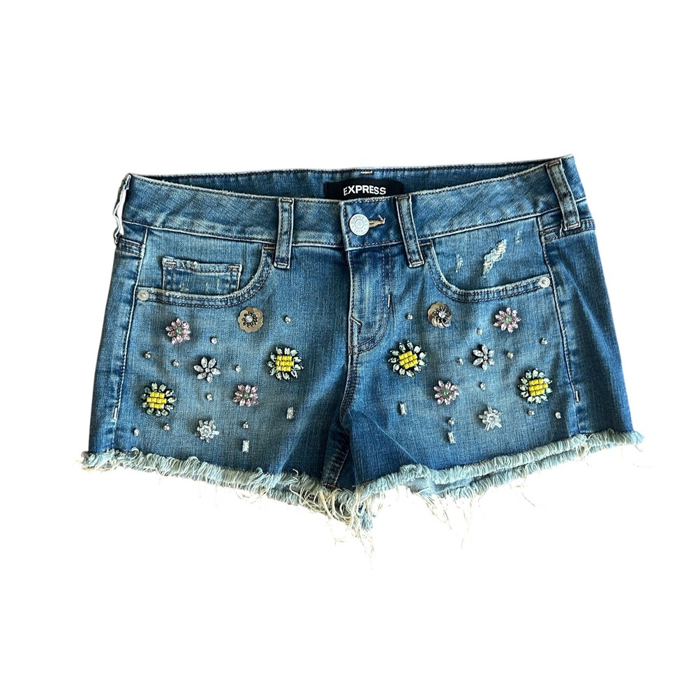 Express Shortie Relaxed Low Rise Embellished Denim Shorts Size 2 Medium Wash